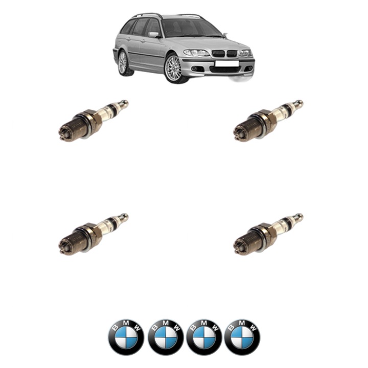 Set 4 Bujii Scanteie BMW Seria 3 Touring (E46) 320 i 163 CP din 2000 - 2005, bujie motor, Bosch, 4x Stickere auto cu BMW