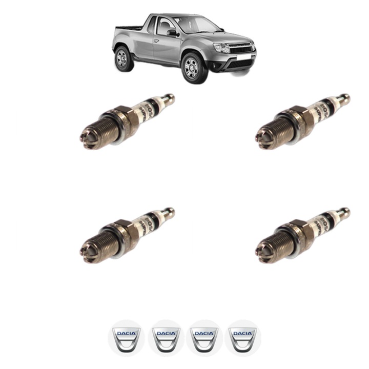Set 4 Bujii Scanteie DACIA LOGAN Pickup (US_) 1.6 MPI 85 84 CP din 2010, bujie motor, Bosch, 4x Stickere auto cu DACIA
