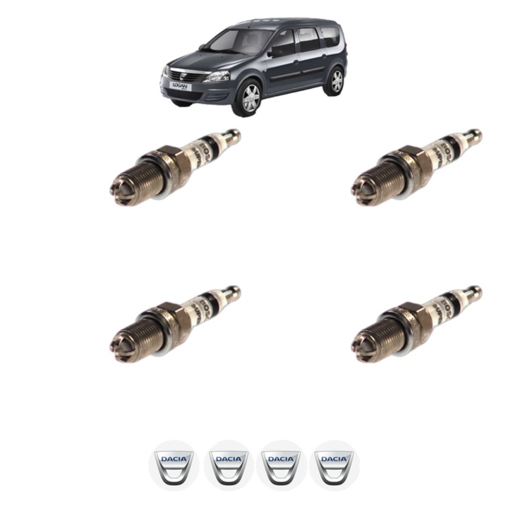 Set 4 Bujii Scanteie DACIA LOGAN MCV (KS_) 1.6 MPI 85 84 CP din 2010, bujie motor, Bosch, 4x Stickere auto cu DACIA