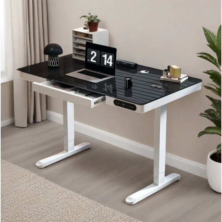 Birou Reglabil, TOPSCAUNE®, Birou Reglabil Inaltime, Birou Electric Cu Sertar Ascuns, Incarcare Wireless Si Port USB, Senzor De Siguranta Anti-Coliziune, Ideal Pentru Birou Si Home Office, Blat Din Sticla, Negru, 140 x 60 Cm