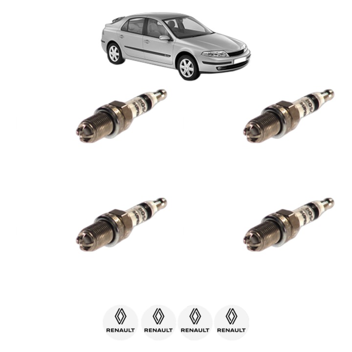 Set 4 Bujii Scanteie RENAULT LAGUNA II (BG0/1_) 1.6 16V (BG1G, BG1H) 112 CP din 2005 - 2007, bujie motor, Bosch, 4x Stickere auto cu RENAULT