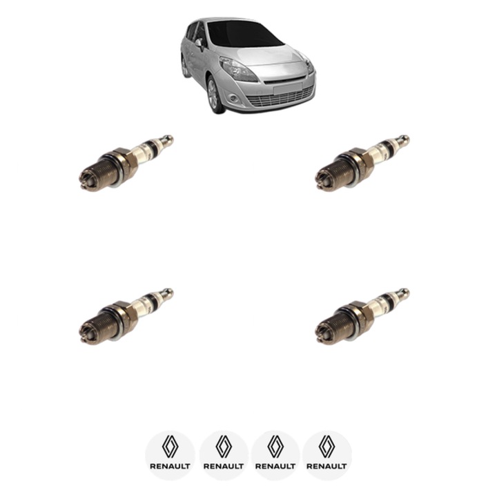 Set 4 Bujii Scanteie RENAULT SCENIC III VAN (JZ0/1_) 1.6 VVT (JZ0U, JZ1B, JZ1H, JZ1U, JZ24) 110 CP din 2013 - 2016, bujie motor, Bosch, 4x Stickere auto cu RENAULT