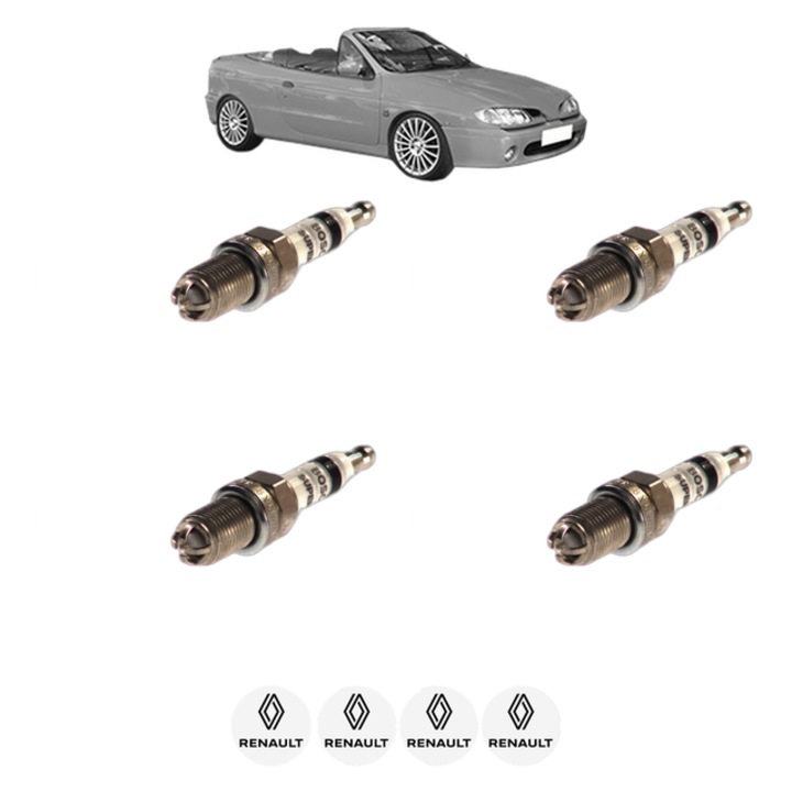 Set 4 Bujii Scanteie RENAULT MEGANE I Cabriolet (EA0/1_) 1.6 16V (EA04, EA0B, EA11, EA1J) 107 CP din 1999 - 2003, bujie motor, Bosch, 4x Stickere auto cu RENAULT