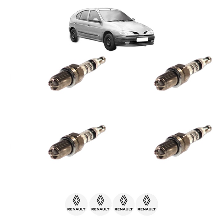 Set 4 Bujii Scanteie RENAULT MEGANE I (BA0/1_) 1.6 16V (BA04, BA0B, BA11, BA1J, BA16, BA19, BA1K, BA1V,... 107 CP din 1999 - 2002, bujie motor, Bosch, 4x Stickere auto cu RENAULT