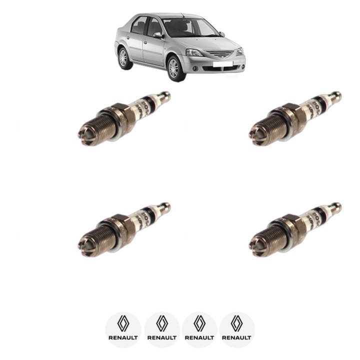 Set 4 Bujii Scanteie RENAULT LOGAN I (LS_) 1.6 (LS0L, LS09, LS0V, LS0P, LS18, LS1S, LS1V, LS1Y,... 105 CP din 2007 - 2013, bujie motor, Bosch, 4x Stickere auto cu RENAULT