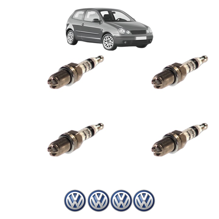 Set 4 Bujii Scanteie Volkswagen POLO IV (9N_, 9A_) 1.4 16V 101 CP din 2001 - 2008, bujie motor, Bosch, 4x Stickere auto cu Volkswagen