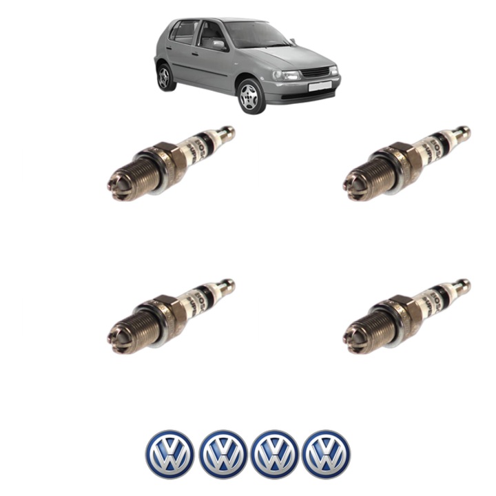 Set 4 Bujii Scanteie Volkswagen POLO III (6N1) 120 1.6 16V GTI 120 CP din 1998 - 1999, bujie motor, Bosch, 4x Stickere auto cu Volkswagen