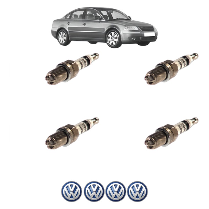 Set 4 Bujii Scanteie Volkswagen PASSAT B5.5 (3B3) 2.0 130 CP din 2001 - 2005, bujie motor, Bosch, 4x Stickere auto cu Volkswagen