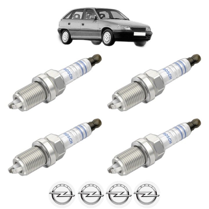 Set 4 Bujii Scanteie OPEL ASTRA F Saloon (T92) 1.6 i 16V (F19, M19) 100 CP din 1994 - 1998, bujie motor, Bosch, 4x Stickere auto cu OPEL