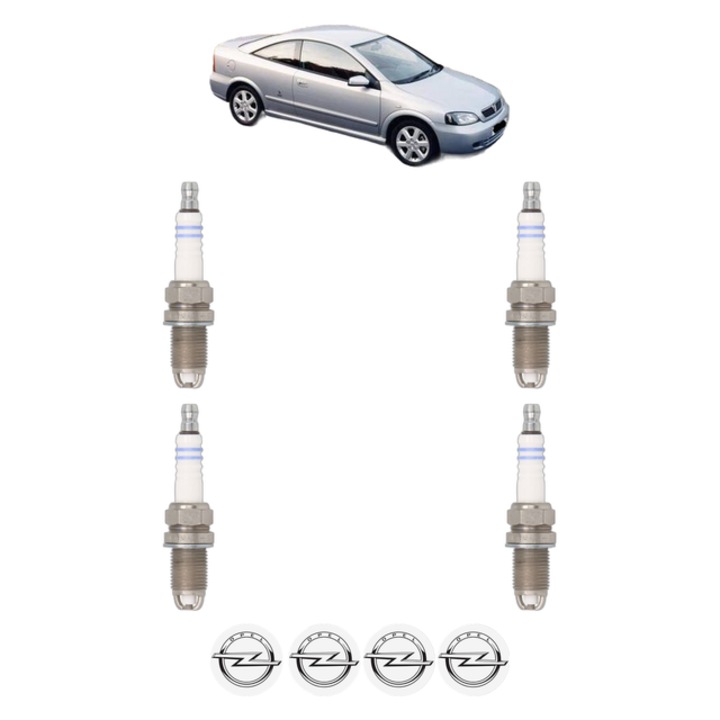 Set 4 Bujii Scanteie OPEL ASTRA G Coupe (T98) 2.0 16V Turbo (F07) 192 CP din 2001 - 2005, bujie motor, Bosch, 4x Stickere auto cu OPEL