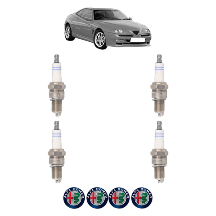 Set 4 Bujii Scanteie ALFA ROMEO GTV (916_) 2.0 V6 Turbo (916.C2A) 202 CP din 1995 - 1998, bujie motor, Bosch, 4x Stickere auto cu ALFA ROMEO