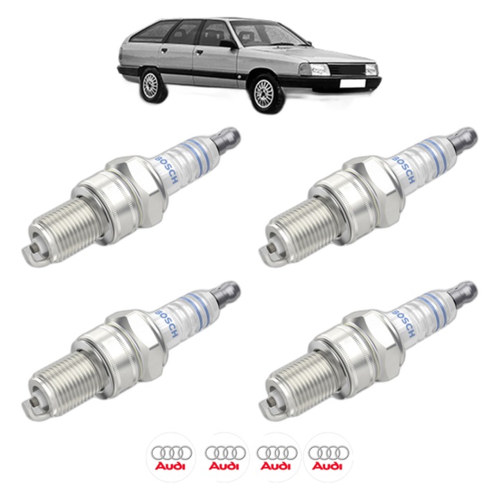 Set 4 Bujii Scanteie AUDI 100 C3 Avant (445, 446) 1.8 quattro 90 CP din 1984 - 1988, bujie motor, Bosch, 4x Stickere auto cu AUDI