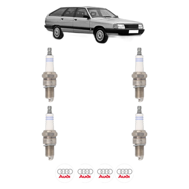Set 4 Bujii Scanteie AUDI 100 C3 Avant (445, 446) 2.2 Cat 137 CP din 1989 - 1990, bujie motor, Bosch, 4x Stickere auto cu AUDI