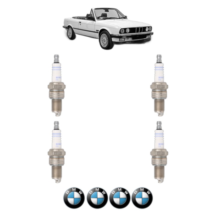 Set 4 Bujii Scanteie BMW Seria 3 Convertible (E30) 320 i 126 CP din 1987 - 1993, bujie motor, Bosch, 4x Stickere auto cu BMW