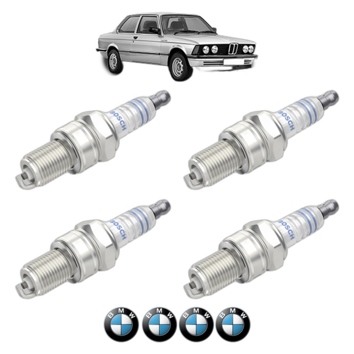 Set 4 Bujii Scanteie BMW Seria 3 (E21) 320 i 125 CP din 1975 - 1982, bujie motor, Bosch, 4x Stickere auto cu BMW