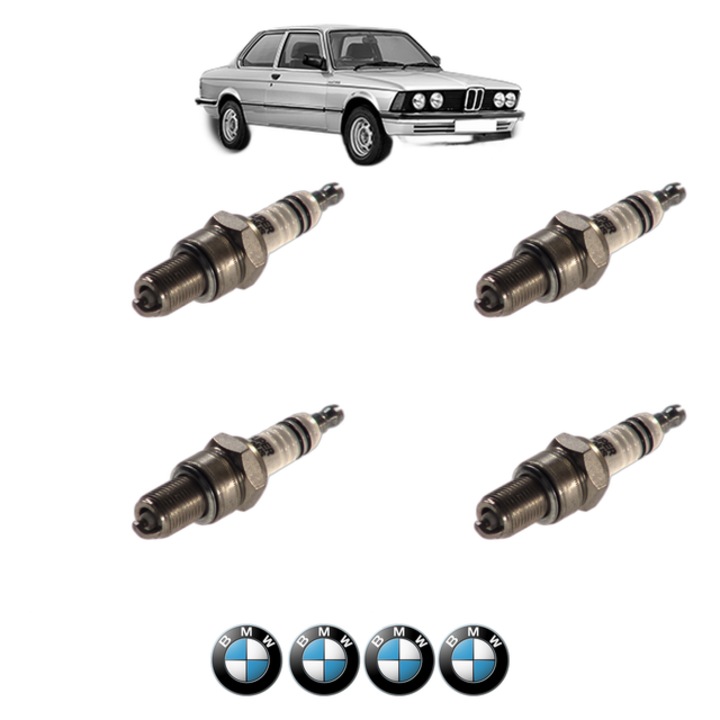 Set 4 Bujii Scanteie BMW Seria 3 (E21) 320 i 125 CP din 1975 - 1982, bujie motor, Bosch, 4x Stickere auto cu BMW