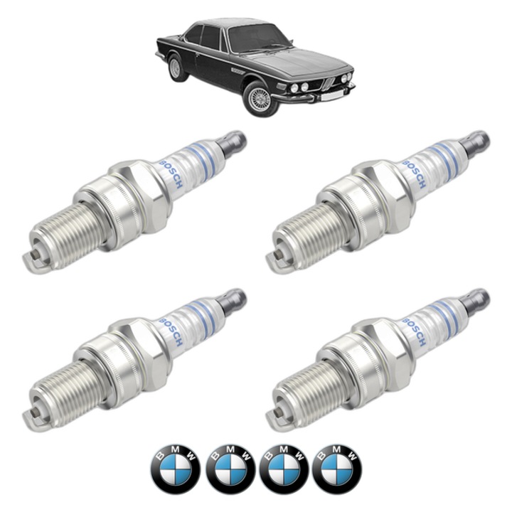 Set 4 Bujii Scanteie BMW Seria 2.5-3.2 Coupe (E9) 3.0 CSiL 206 CP din 1974 - 1975, bujie motor, Bosch, 4x Stickere auto cu BMW