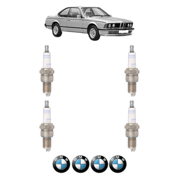 Set 4 Bujii Scanteie BMW Seria 6 (E24) 633 CSi 200 CP din 1975 - 1981, bujie motor, Bosch, 4x Stickere auto cu BMW