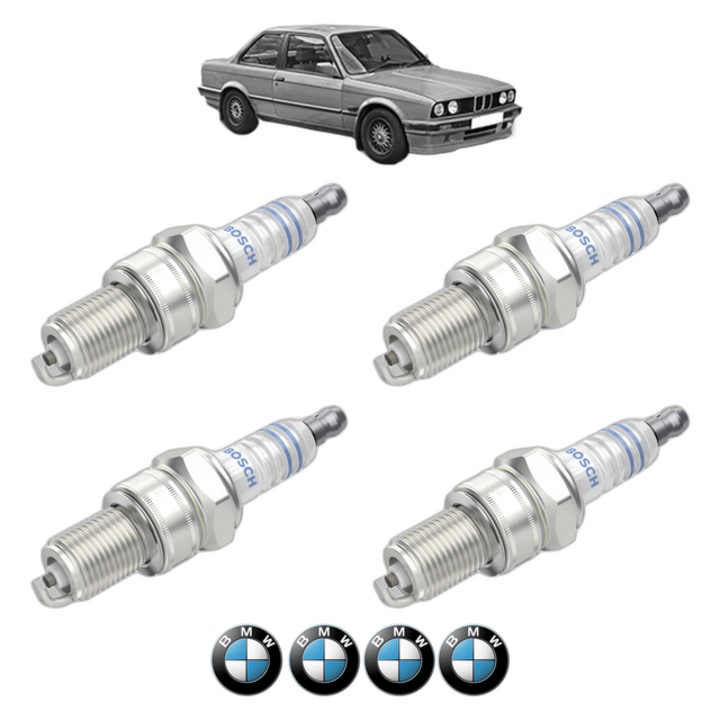 Set 4 Bujii Scanteie BMW Seria 3 (E30) 318 i 102 CP din 1984 - 1988, bujie motor, Bosch, 4x Stickere auto cu BMW