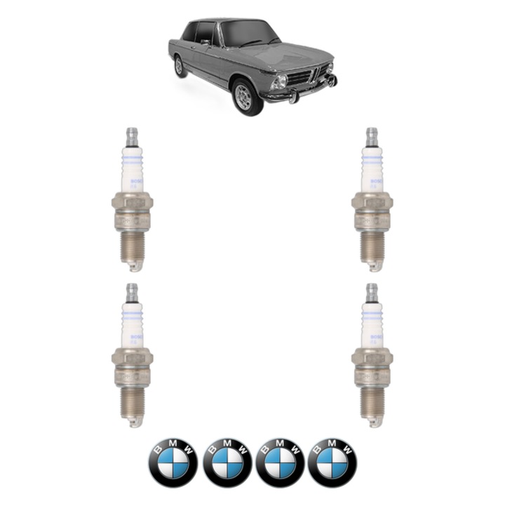 Set 4 Bujii Scanteie BMW Seria 1502-2002 (E10) 1502 75 CP din 1975 - 1977, bujie motor, Bosch, 4x Stickere auto cu BMW
