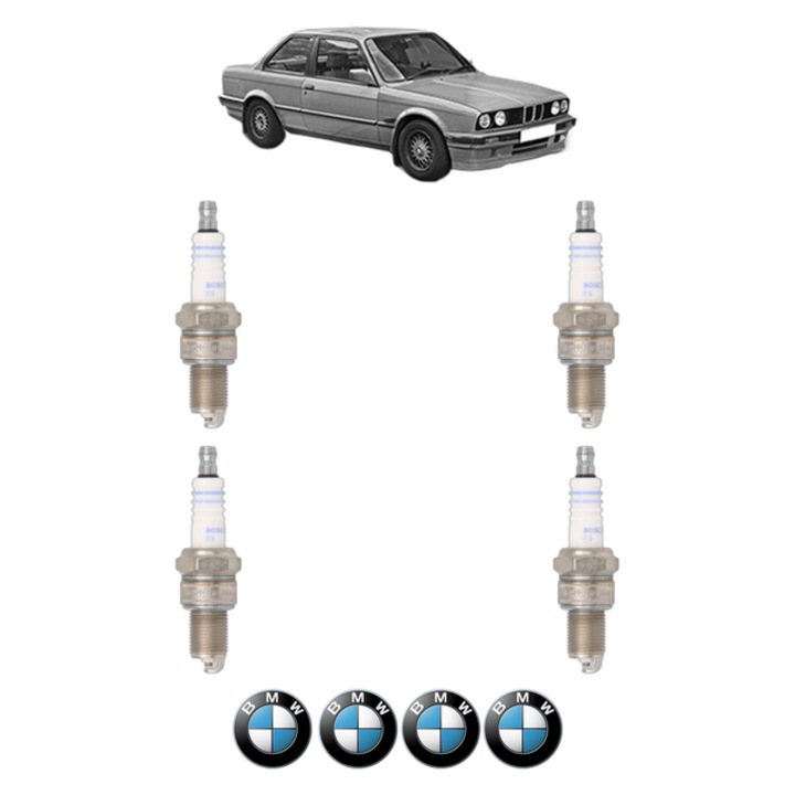 Set 4 Bujii Scanteie BMW Seria 3 (E30) 320 i 125 CP din 1982 - 1991, bujie motor, Bosch, 4x Stickere auto cu BMW