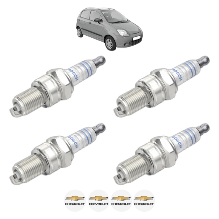 Set 4 Bujii Scanteie CHEVROLET SPARK 1.0 SX 63 CP din 2005, bujie motor, Bosch, 4x Stickere auto cu CHEVROLET