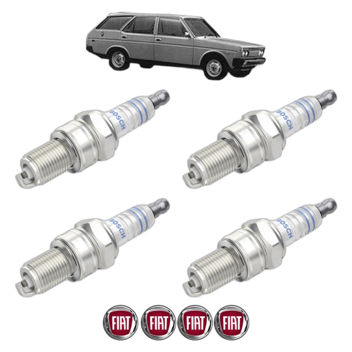 Set 4 Bujii Scanteie FIAT 131 Familiare/Panorama (131_) 2.0 Mirafiori (131AF2) 114 CP din 1980 - 1984, bujie motor, Bosch, 4x Stickere auto cu FIAT