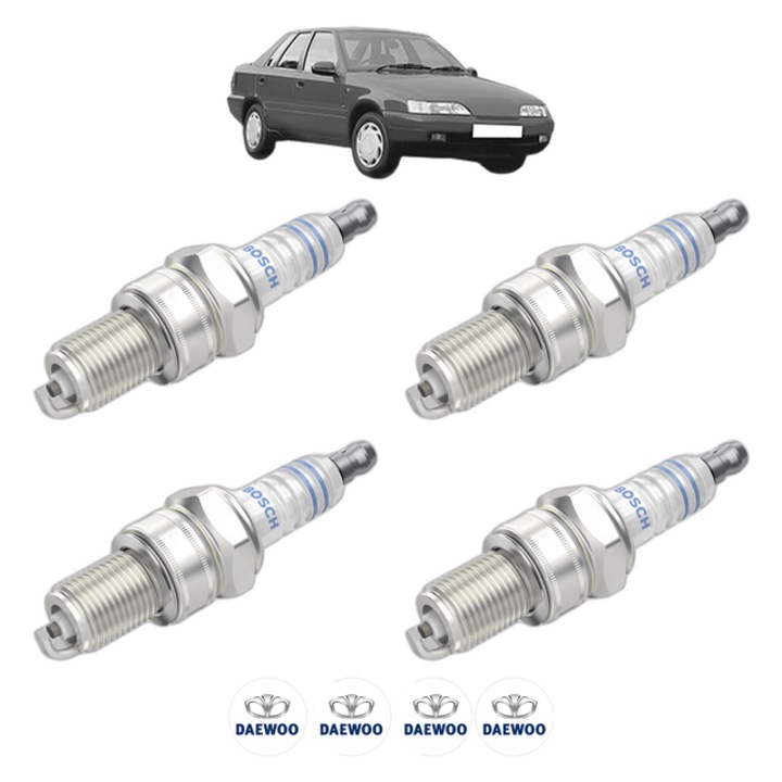 Set 4 Bujii Scanteie DAEWOO ESPERO (KLEJ) 1.8 95 CP din 1995 - 1999, bujie motor, Bosch, 4x Stickere auto cu DAEWOO