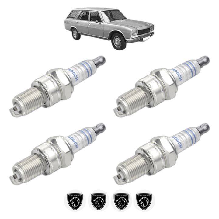 Set 4 Bujii Scanteie PEUGEOT 504 Break (D_, F_) 2.0 (D11, F11) 92 CP din 1971 - 1986, bujie motor, Bosch, 4x Stickere auto cu PEUGEOT
