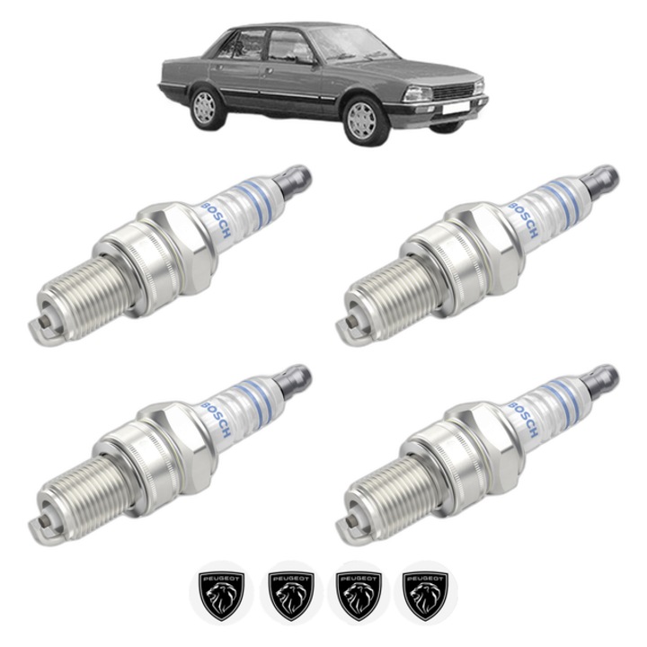 Set 4 Bujii Scanteie PEUGEOT 505 (551A) 2.0 107 CP din 1979 - 1982, bujie motor, Bosch, 4x Stickere auto cu PEUGEOT