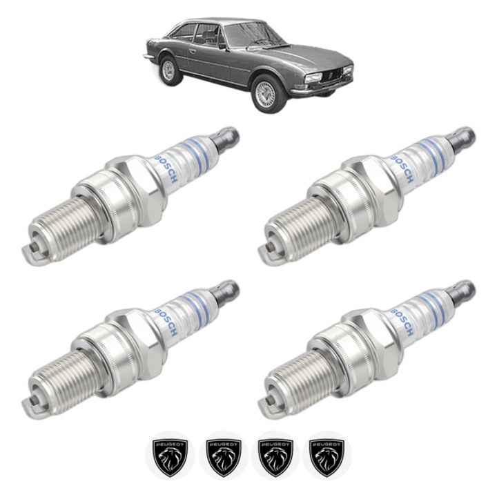 Set 4 Bujii Scanteie PEUGEOT 504 Coupe 2.0 106 CP din 1982 - 1984, bujie motor, Bosch, 4x Stickere auto cu PEUGEOT