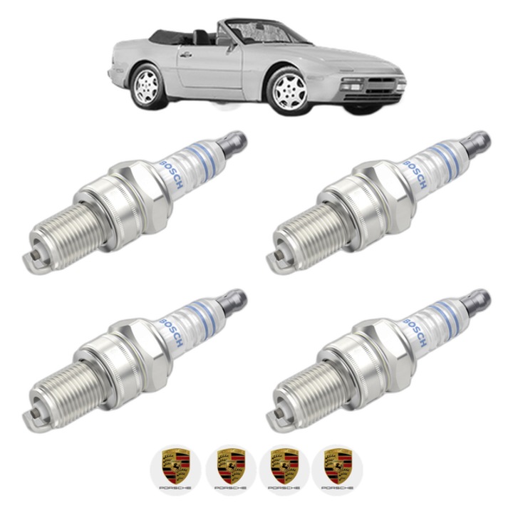Set 4 Bujii Scanteie PORSCHE 944 Convertible 2.5 Turbo 250 CP din 1990 - 1991, bujie motor, Bosch, 4x Stickere auto cu PORSCHE