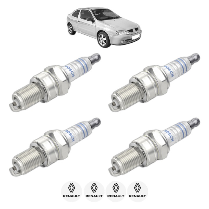 Set 4 Bujii Scanteie RENAULT MEGANE I Coach (DA0/1_) 2.0 i 109 CP din 1999 - 2003, bujie motor, Bosch, 4x Stickere auto cu RENAULT
