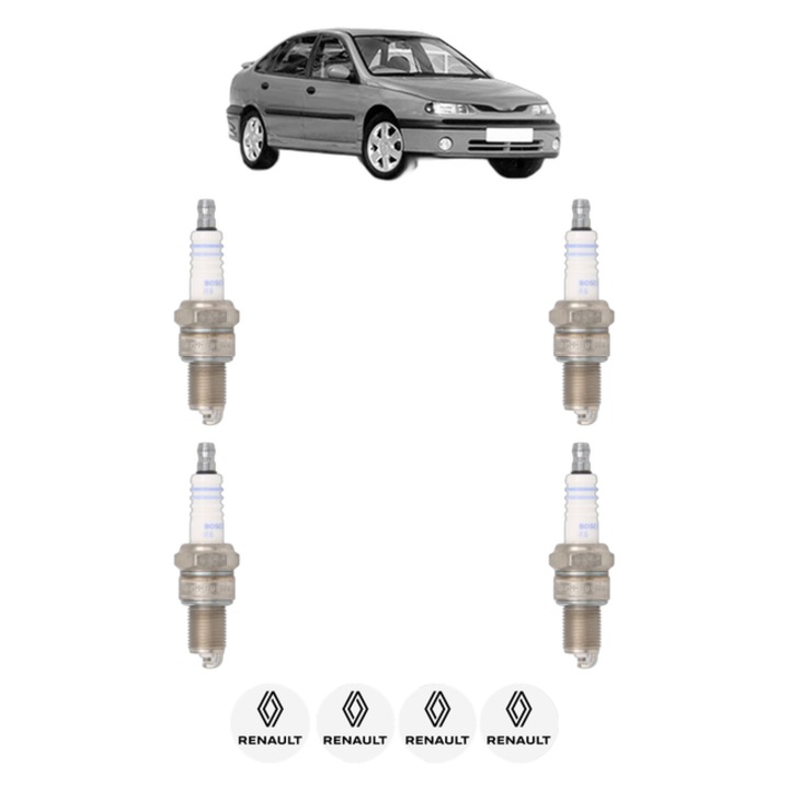 Set 4 Bujii Scanteie RENAULT LAGUNA I (B56_, 556_) 1.8 95 CP din 1995 - 1998, bujie motor, Bosch, 4x Stickere auto cu RENAULT
