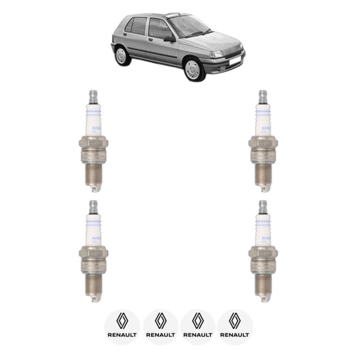 Set 4 Bujii Scanteie RENAULT CLIO I (B/C57_, 5/357_) 1.8 (B/C57C, B/C57U) 88 CP din 1991 - 1998, bujie motor, Bosch, 4x Stickere auto cu RENAULT