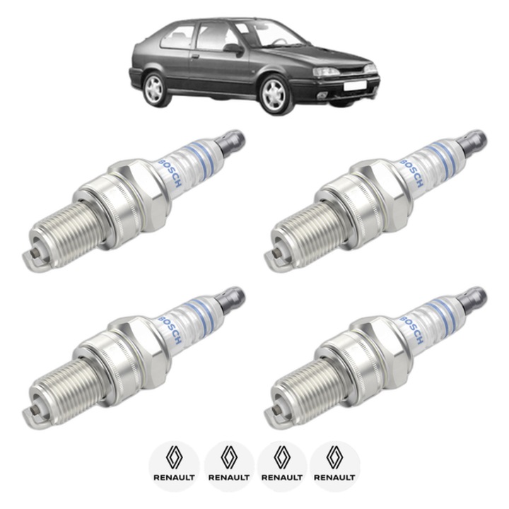 Set 4 Bujii Scanteie RENAULT 19 II (B/C53_) 1.7 (B/C53B) 73 CP din 1992 - 1995, bujie motor, Bosch, 4x Stickere auto cu RENAULT