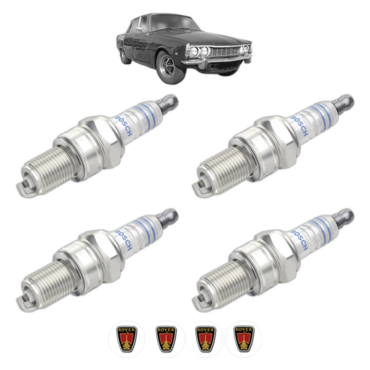 Set 4 Bujii Scanteie ROVER 2000-3500 (P6) 2200 98 CP din 1971 - 1977, bujie motor, Bosch, 4x Stickere auto cu ROVER