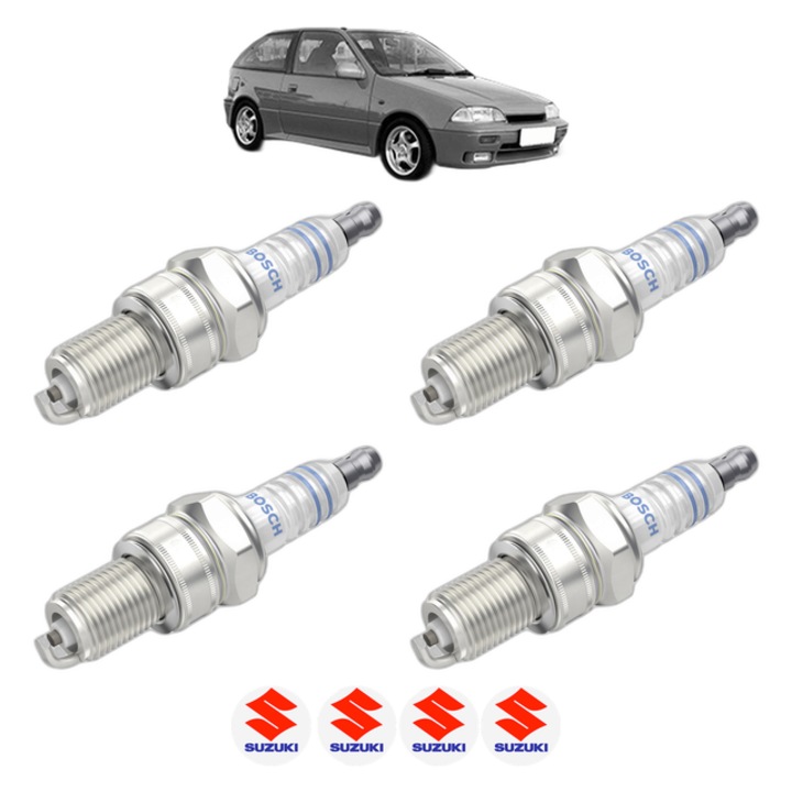 Set 4 Bujii Scanteie SUZUKI SWIFT II Hatchback (EA, MA) 1.3 GTi (SF413, AA34) 101 CP din 1989 - 2001, bujie motor, Bosch, 4x Stickere auto cu SUZUKI
