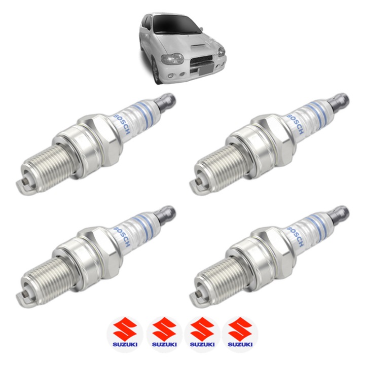 Set 4 Bujii Scanteie SUZUKI ALTO V (HA12_, HA23_, HA22_) 1.0 58 CP din 2000 - 2002, bujie motor, Bosch, 4x Stickere auto cu SUZUKI