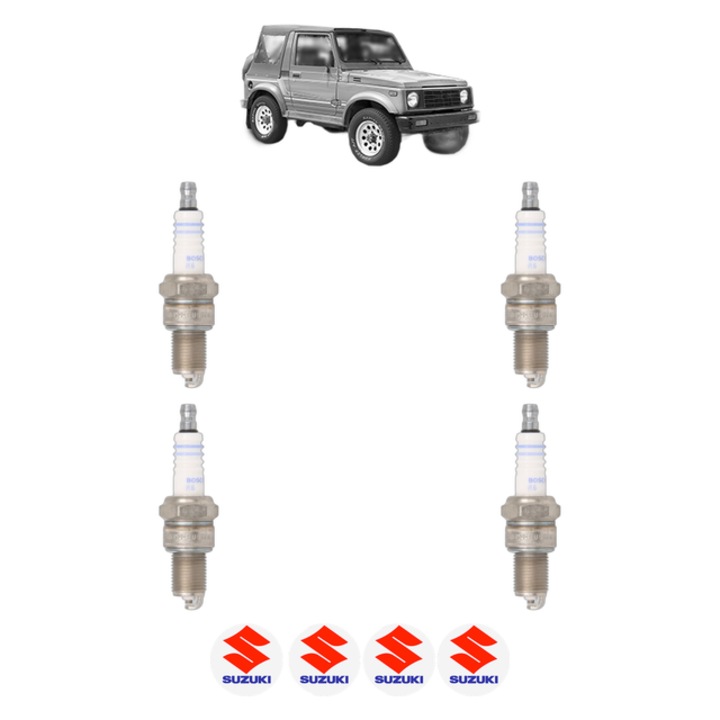 Set 4 Bujii Scanteie SUZUKI SAMURAI Open Off-Road Vehicle (SJ_) 1.3 All-wheel Drive (SJ413) 60 CP din 1988 - 1989, bujie motor, Bosch, 4x Stickere auto cu SUZUKI