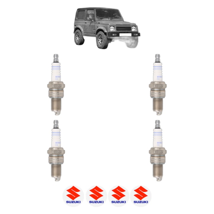 Set 4 Bujii Scanteie SUZUKI SJ413 (OS) 1.3 (SJ413) 60 CP din 1986 - 1990, bujie motor, Bosch, 4x Stickere auto cu SUZUKI