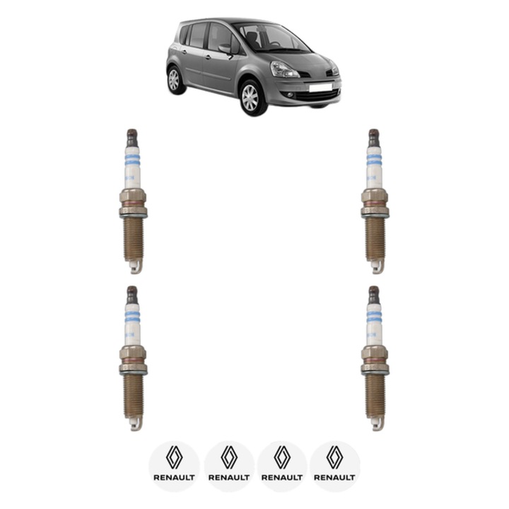 Set 4 Bujii Scanteie RENAULT MODUS / GRAND MODUS (F/JP0_) 1.2 (JP0C, JP0K, FP0C, FP0K, FP0P, JP0P, JP0T) 75 CP din 2004 - 2013, bujie motor, Bosch, 4x Stickere auto cu RENAULT