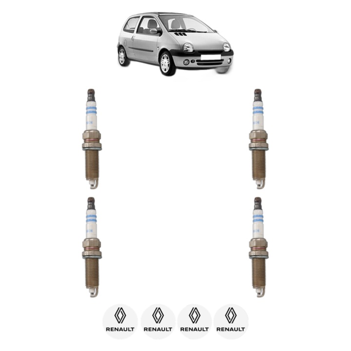 Set 4 Bujii Scanteie RENAULT TWINGO I (C06_) 1.2 16V (C06C, C06D, C06K) 75 CP din 2001 - 2007, bujie motor, Bosch, 4x Stickere auto cu RENAULT