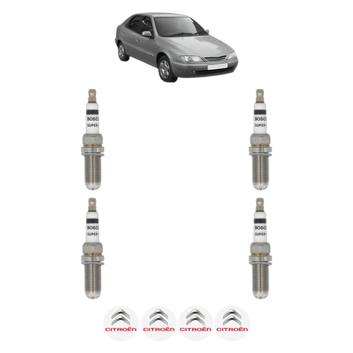 Set 4 Bujii Scanteie CITROEN XSARA (N1) 1.6 16V 109 CP din 2000 - 2005, bujie motor, Bosch, 4x Stickere auto cu CITROEN