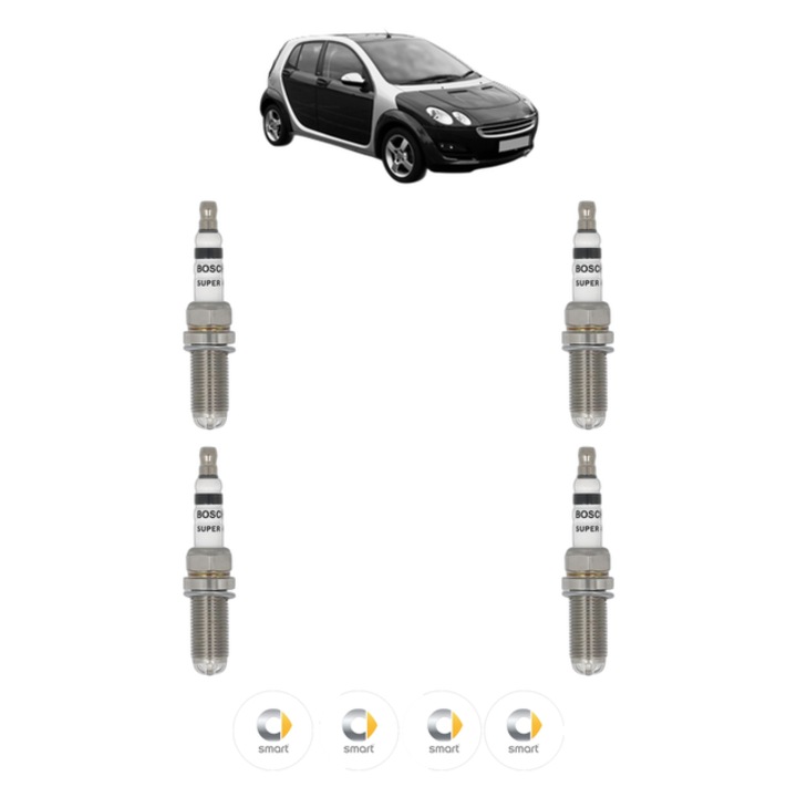 Set 4 Bujii Scanteie SMART FORFOUR (454) 1.5 (454.032) 109 CP din 2004 - 2006, bujie motor, Bosch, 4x Stickere auto cu SMART