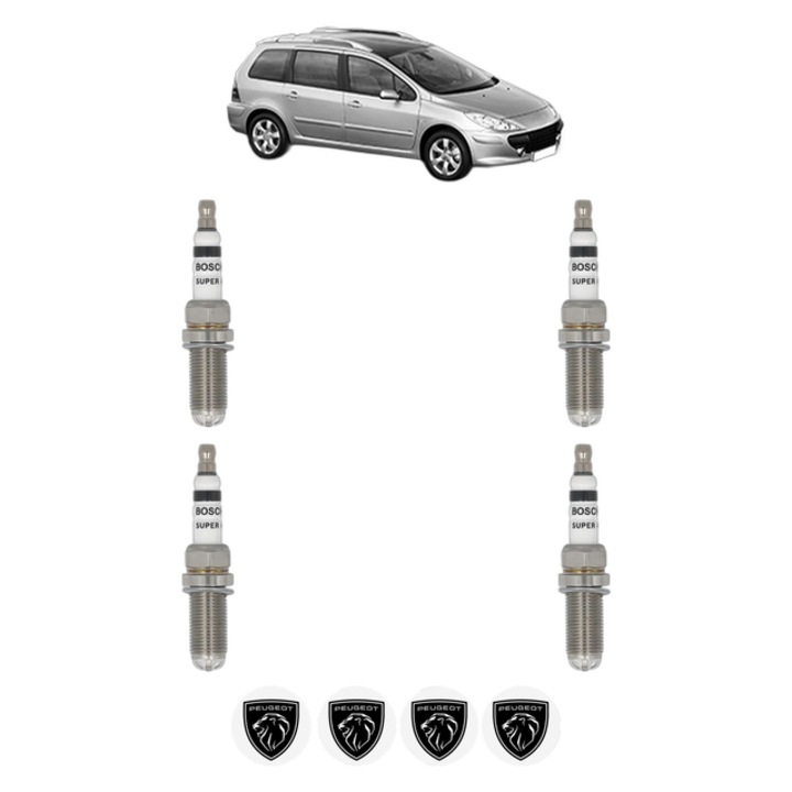 Set 4 Bujii Scanteie PEUGEOT 307 SW (3H) 2.0 16V 140 CP din 2005 - 2008, bujie motor, Bosch, 4x Stickere auto cu PEUGEOT