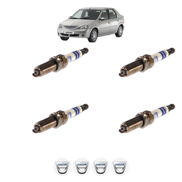 Set 4 Bujii Scanteie DACIA LOGAN (LS_) 1.2 16V (LS1N, LS02, BS02) 75 CP din 2006, bujie motor, Bosch, 4x Stickere auto cu DACIA