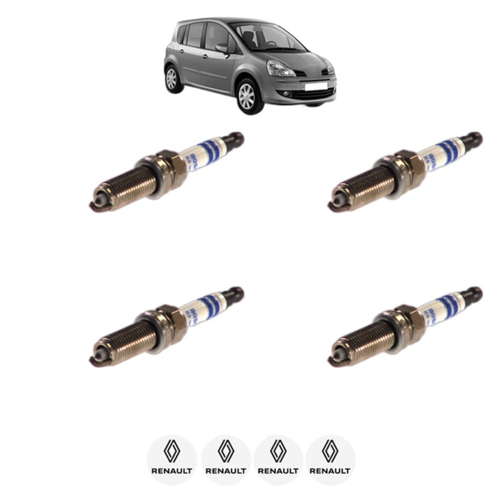 Set 4 Bujii Scanteie RENAULT MODUS / GRAND MODUS (F/JP0_) 1.2 (JP0C, JP0K, FP0C, FP0K, FP0P, JP0P, JP0T) 75 CP din 2004 - 2013, bujie motor, Bosch, 4x Stickere auto cu RENAULT