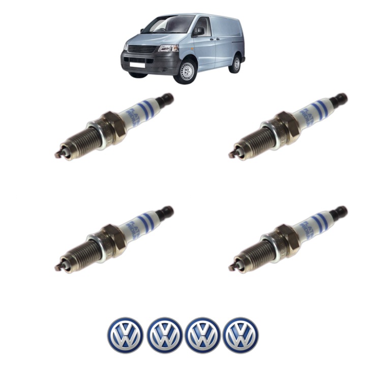 Set 4 Bujii Scanteie Volkswagen TRANSPORTER T5 Van (7HA, 7HH, 7EA, 7EH) VR6 3.2 4motion 235 CP din 2003 - 2009, bujie motor, Bosch, 4x Stickere auto cu Volkswagen