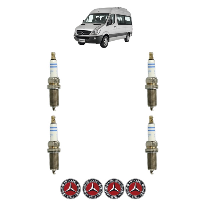 Set 4 Bujii Scanteie MERCEDES-BENZ SPRINTER 3-t Bus (B906) 216 (906.713) 156 CP din 2009 - 2018, bujie motor, Bosch, 4x Stickere auto cu MERCEDES-BENZ